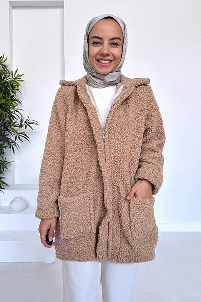 Ka Hijab Lined Double Pocket Plush Hijab Coat - Camel