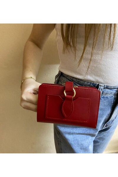 sema aksesuar Women's Red Leather Wallet Accessory - Buckle Snap Closure - Mother's Day Gift