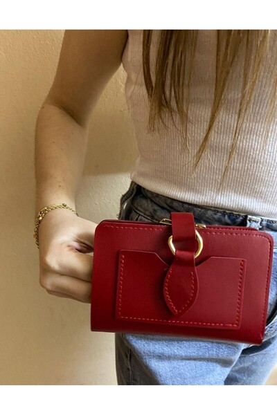 sema aksesuar Women's Red Leather Wallet Accessory - Buckle Snap Closure - Mother's Day Gift