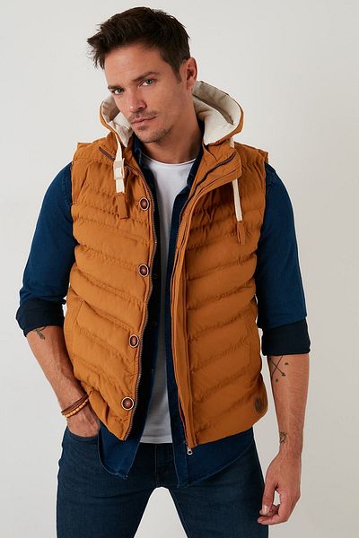 Buratti Glugă detașabilă galbenă MUSTARD pentru bărbați, cu buzunare, cu fermoar, vestă slim fit 556B5618