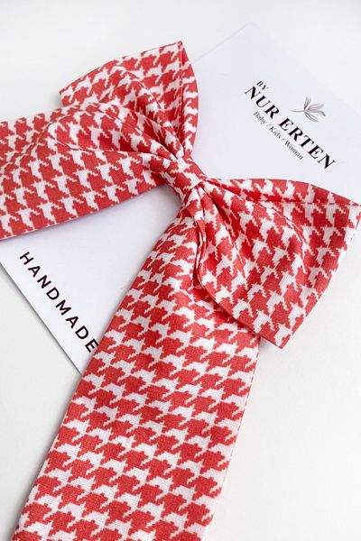 By Nur Erten Red Houndstooth Patterned Automatic Clip Bow Hair Clip