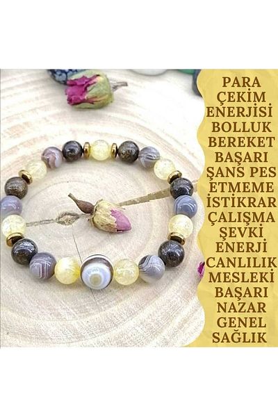 GİZEMLİ DOĞAL TAŞ Bracelet Abundance Blessings Energy Evil Eye Bostwana Agate, Citrine, Bronze Handmade