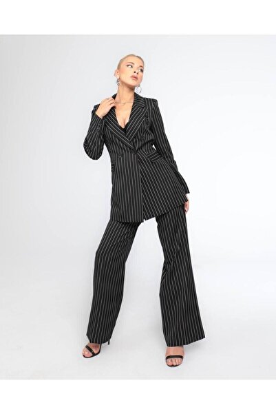 han fashion Çizgili Düğmeli Sahte Cepli Fitilli Blazer Ceket Palazzo Pantolon Takım Elbise