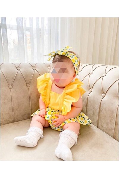 ŞAPKAKİDS Baby Girl Lemon Ruffle Salopet & Bandana Set