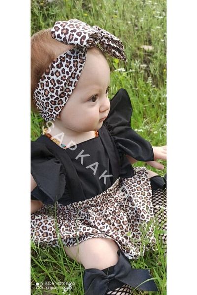 ŞAPKAKİDS Girl's Leopard Patterned Frilly Salopet Bandana Socks Set