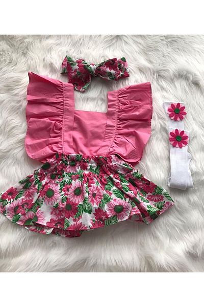 ŞAPKAKİDS Baby Girl Sunflower Pink Salopet Bandana Socks Set