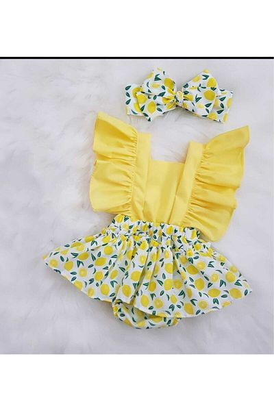 ŞAPKAKİDS Baby Girl Lemon Ruffle Salopet & Bandana Set