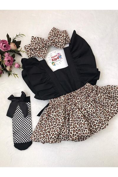 ŞAPKAKİDS Girl's Leopard Patterned Frilly Salopet Bandana Socks Set