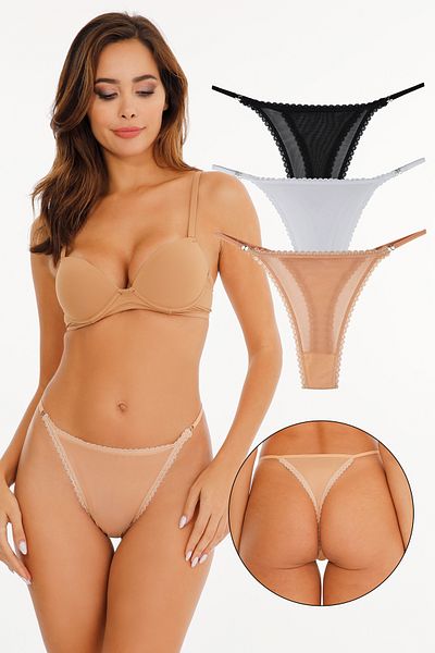 Sensu Women's 3-Piece Thong Set with String on the Side and Tulle on the Front Kts2057