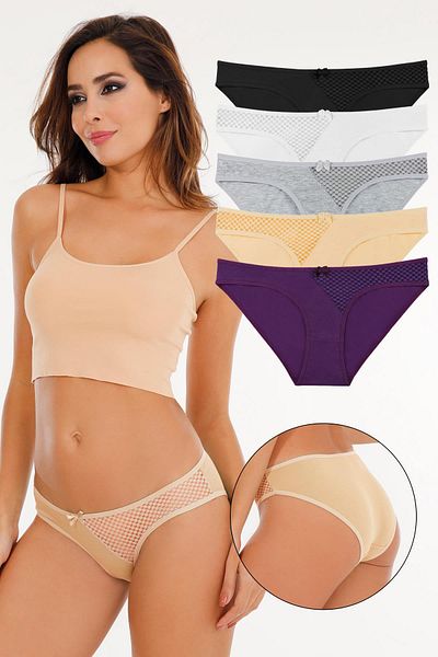Sensu Women's Cotton Lace Detailed 5-Piece Slip Panties - Kts2072