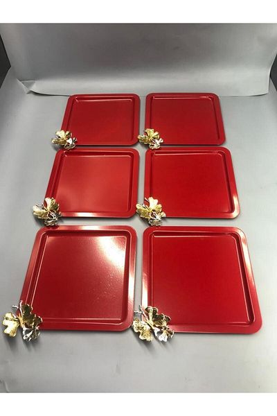 Aslı Hediyelik Stainless Steel Square 6-Piece Red Coffee, Tea, Decorative Presentation Serving Tray with Luxury Butterfly Accessories