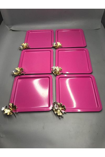 Aslı Hediyelik Stainless Steel Square 6-Piece Pink Coffee, Tea, Decorative Presentation Serving Tray with Luxury Butterfly Accessories
