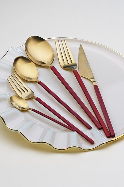 Glore Lisbon 6 Person Fork Spoon Knife Set Gold-red