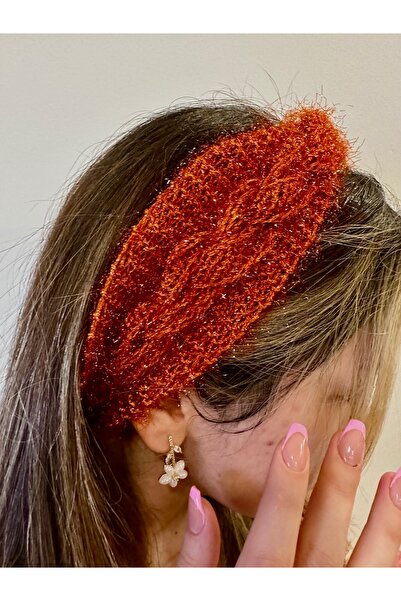 alsaccessories Дамска ръчно плетена лента за коса с копчета и диамант в оранж...