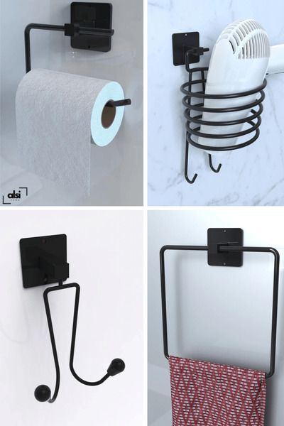 ALSİ HOME Yapışkanlı Fön Makinesi Askısı WC Tuvalet Kağıtlık Kare Havluluk Ka...