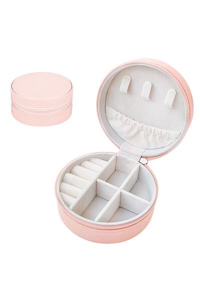 Chavin Pink Leather Travel Ring Earrings Necklace Jewelry Box st1-68pm