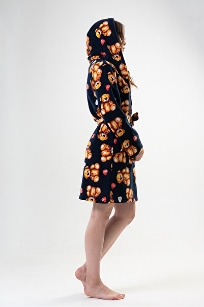 Genel Markalar Kadın Mavi Polar Kapşonlu Kısa Sabahlık