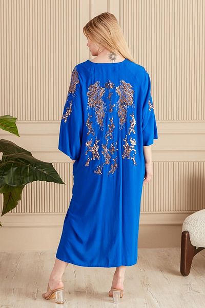 Eceyaman moda COPY - women's blue back and sleeves yellow sequin embroidery oversize dress