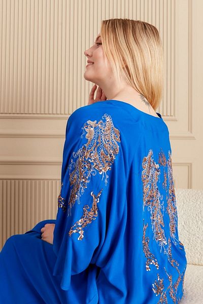 Eceyaman moda COPY - women's blue back and sleeves yellow sequin embroidery oversize dress