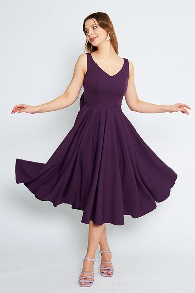 Bidoluelbise Women's Back Bow Ornamental Buttoned V-Neck Pleated Midi Flared Plum Evening Dress