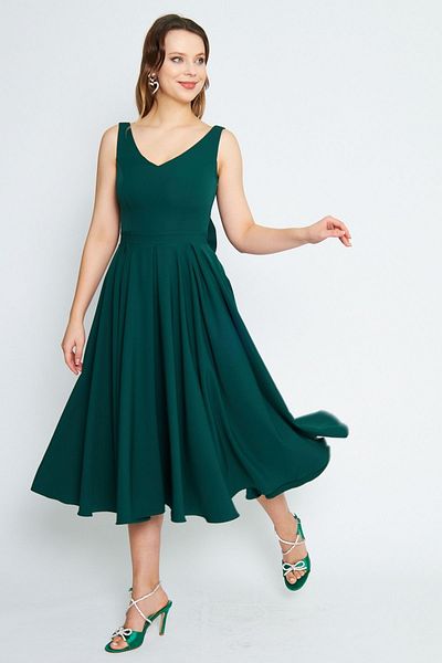 Bidoluelbise Women's Back Bow Ornamental Buttoned V-Neck Pleated Midi Flared Emerald Evening Dress