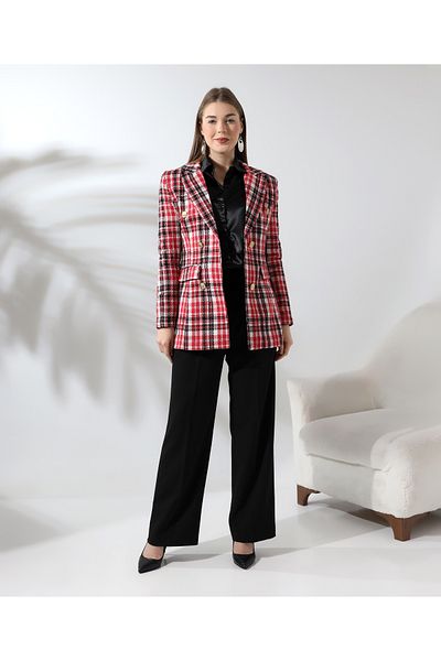 Female Clothing Red Patterned Lined Faux Pocket Tweed Blazer Jacket