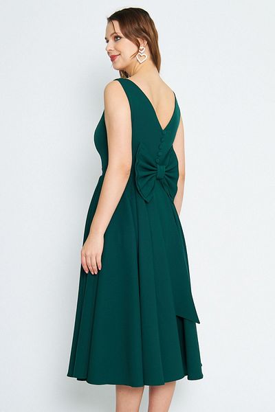 Bidoluelbise Women's Back Bow Ornamental Buttoned V-Neck Pleated Midi Flared Emerald Evening Dress