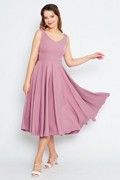 Bidoluelbise Women's Back Bow Ornamental Buttoned V-Neck Pleated Midi Flared Dried Rose Evening Dress