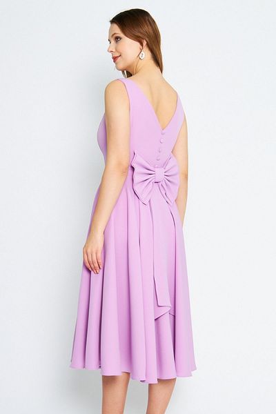 Bidoluelbise Women's Back Bow Ornamental Buttoned V-Neck Pleated Midi Flared Lilac Evening Dress