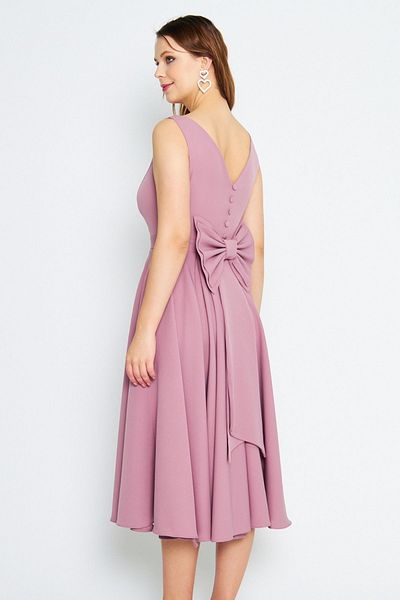 Bidoluelbise Women's Back Bow Ornamental Buttoned V-Neck Pleated Midi Flared Dried Rose Evening Dress