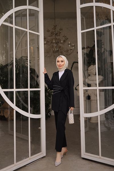 lurex moda STONE DETAILED SIDE TIE JACKET PANT SET
