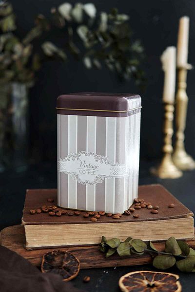 EVLE Er022-7A Elegance Coffee Patterned Square Metal Storage Container 11X11 cm
