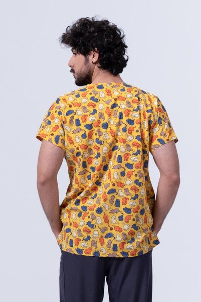 Medikal Dolap Pios Men's Colorful My Cats Patterned Lycra Uniform-Scrubs-Single Top
