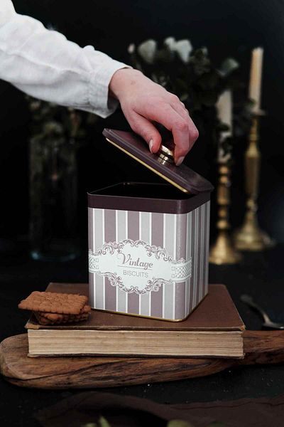 EVLE Er023-3j Elegance Biscuits Patterned Square Metal Storage Container 12x12 Cm