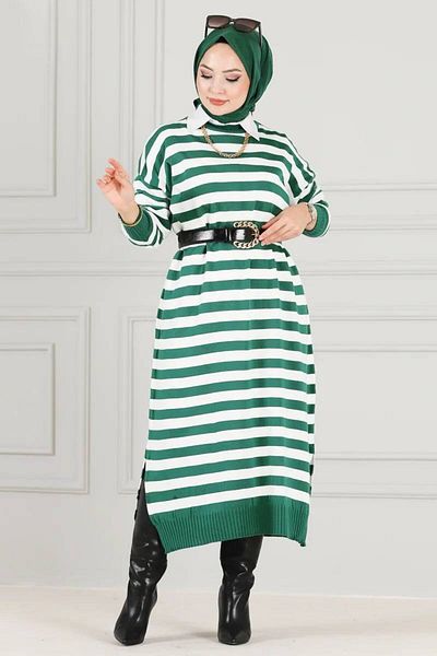 Afili Women's Side Slit Striped Long Knitwear Hijab Tunik
