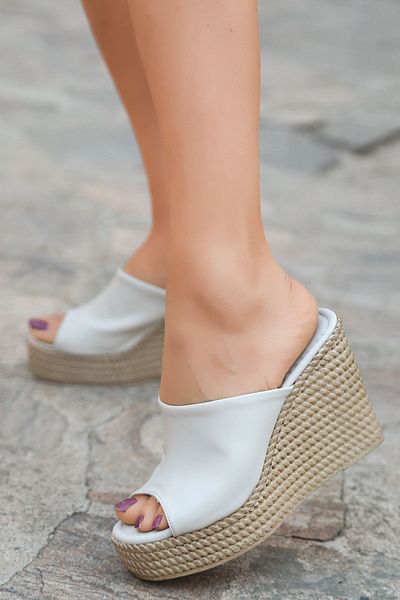 LEYDİ SHOES Mango Wedge Sole Cream Women's Slippers