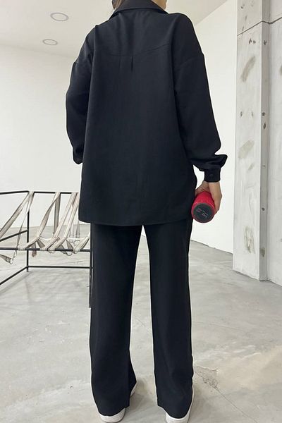 lovebox Women's Linen Fabric Bellows Pocket Detailed Shirt and Trousers Black Oversize Double Set 12093