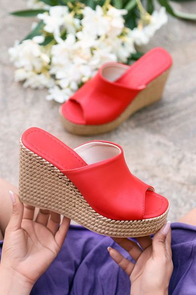 LEYDİ SHOES Papuci roșii pentru femei cu talpă cu pană de mango