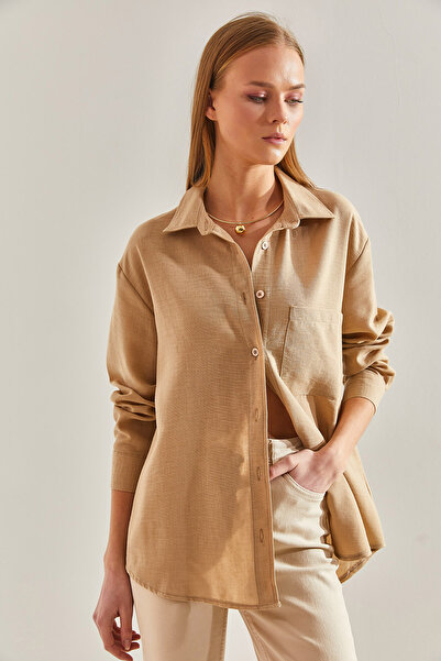 Bianco Lucci Women's Single Pocket Shirt Beige