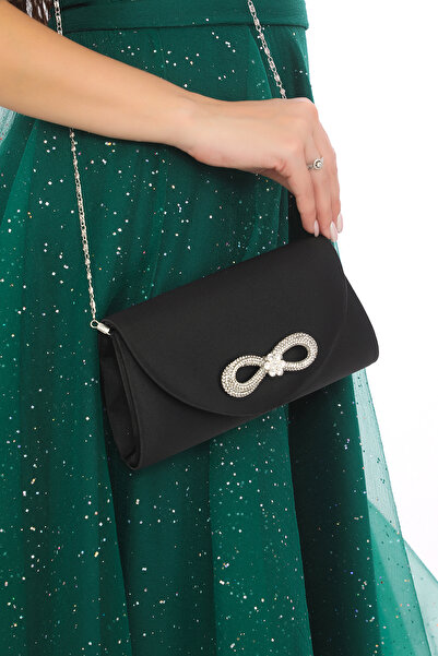 Piedra Black Colored Satin Fabric Evening Dress Bag with Stone, Magnetic Cover and Can Be Used in Hand and with Shoulder Strap