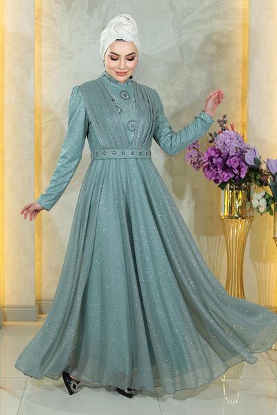 Modamihram Glitzerndes Abendkleid mit Steindetails und drapierter Brust, Mint 19188