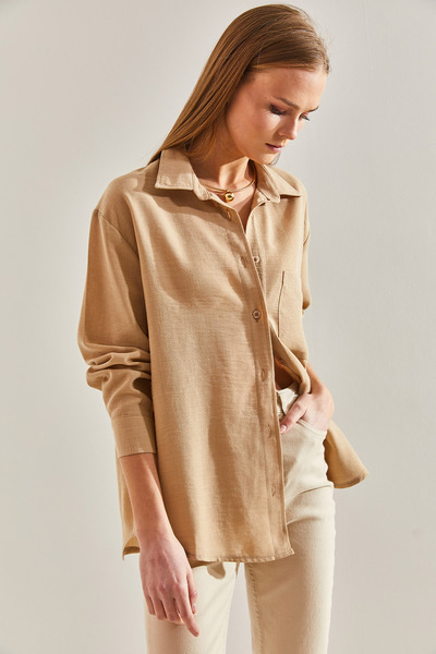 Bianco Lucci Women's Single Pocket Shirt Beige