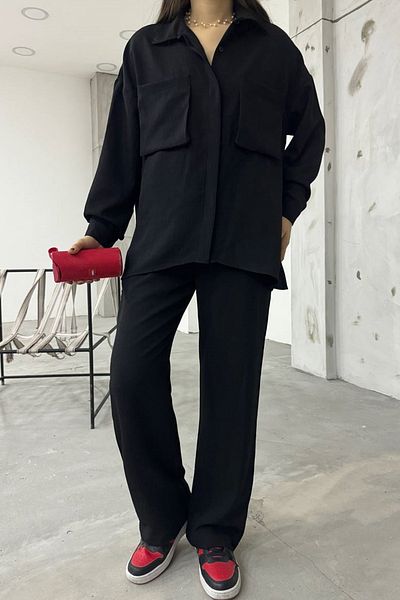 lovebox Women's Linen Fabric Bellows Pocket Detailed Shirt and Trousers Black Oversize Double Set 12093