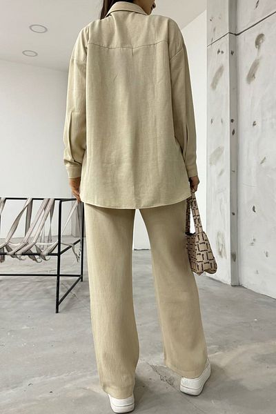 lovebox Damen Leinenstoff Balgtasche Detail Hemd und Hose Beige Übergröße Doppel Set 12093
