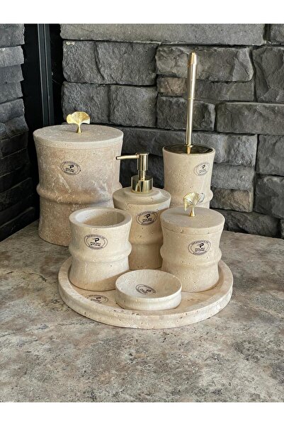 Polen Stone Traverten Doğal Taş Yeni Tasarım Banyo Seti Gold Aksesuarlı