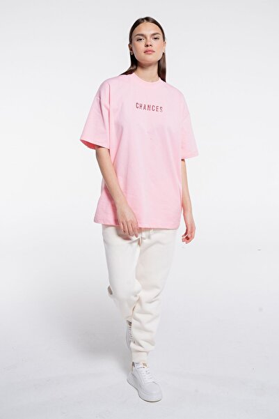 Friday Offset Ness Kadın Pembe %100 Cotton Kol Ve Yaka Dizayn Kesikli Bisiklet Yaka Oversize Tshirt