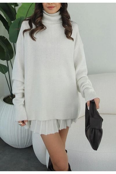 My Blog Women's Ecru Pleated Knitwear Skirt High-Rise Sweater Set