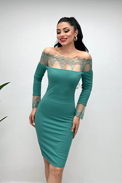 giyimmasalı Krep Kumaş Dantel Detaylı Elbise - MİNT YEŞİLİ