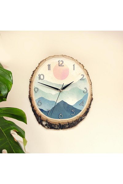 CajuArt Decorative Painting on a Log Mountains Sun Design Wall Clock Decor