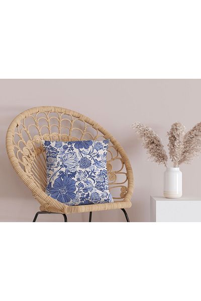 Karma Home White Blue Flower Patterned Double Sided Digital Printed Throw Pillow Cover